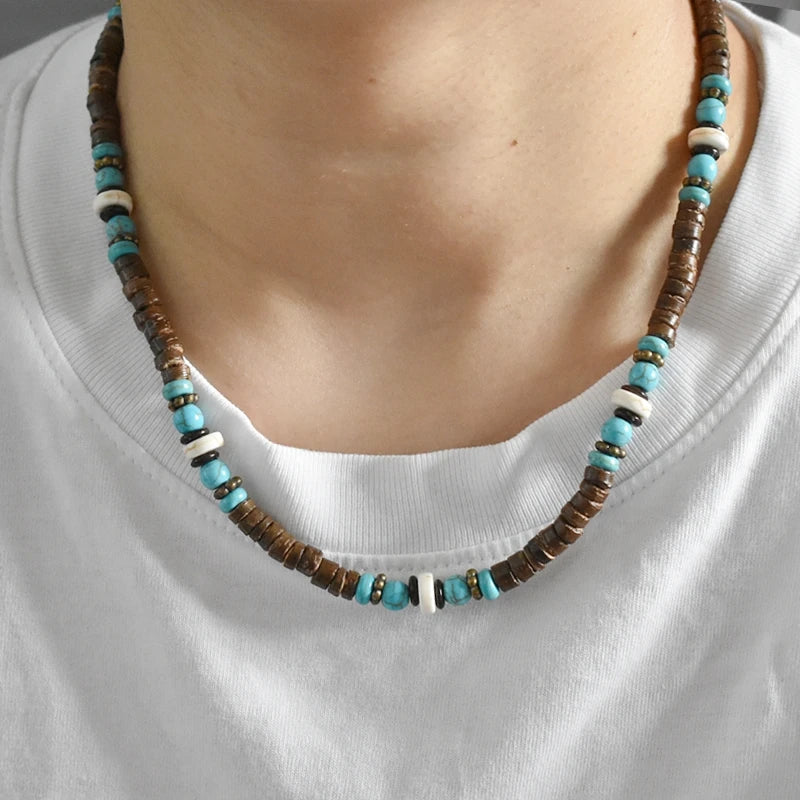 Natural Wood Beaded Short Choker Necklace for Men Trendy Small Beads Collar 2024 Fashion Jewelry on Neck Accessories Male Gift