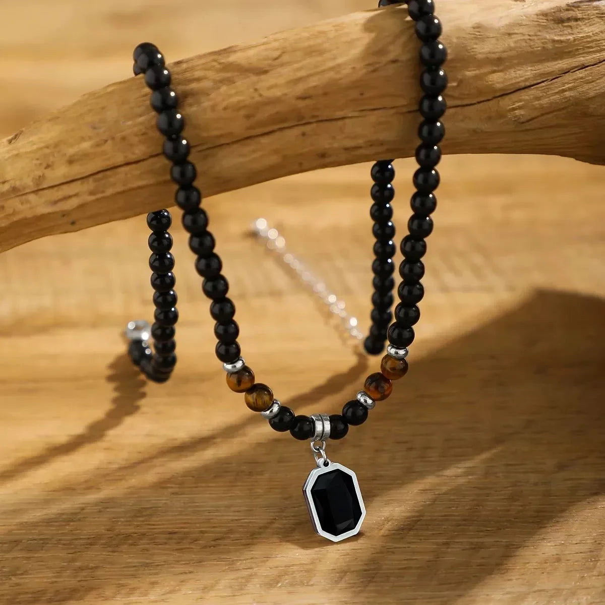 Black Beads with Square Pendant Necklace for Men Trendy Accessories on The Neck Collar 2025 Fashion Jewelry Male Decoration