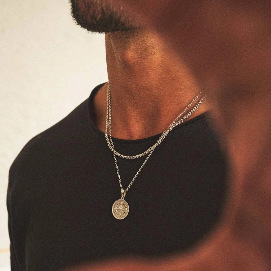 Layered Necklaces for Men Sailing Travel Compass Pendant Stainless Steel Cuban Figaro Wheat Chain Casual Retro Collar