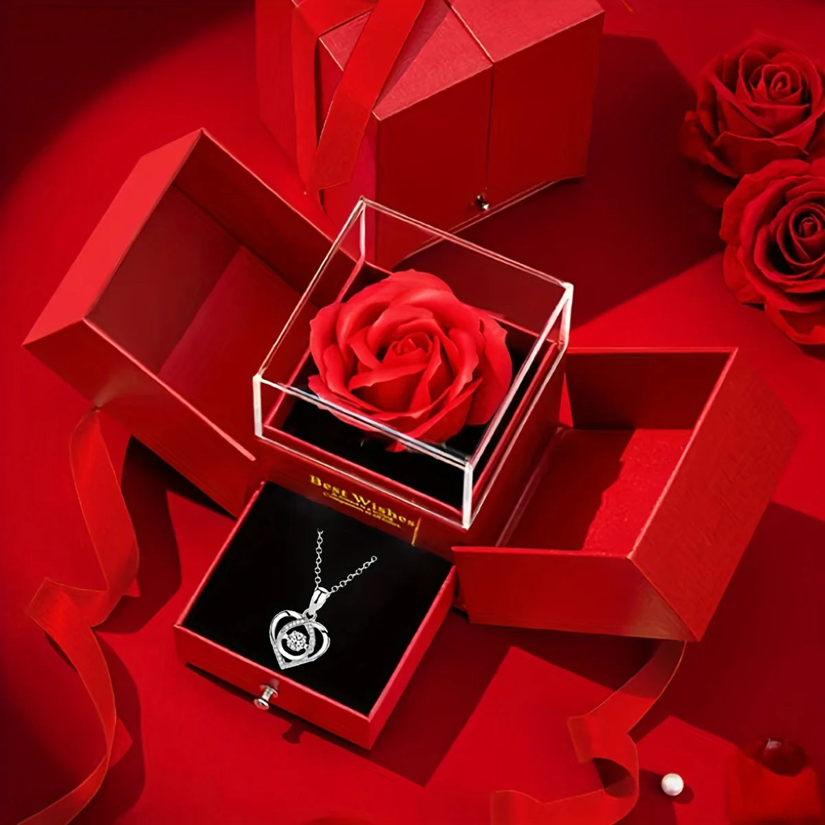 Women's Double Heart Necklace in Rose Gift Box - Elegant I Love You Jewelry Gift Suitable for Mother, Wife, Girlfriend 