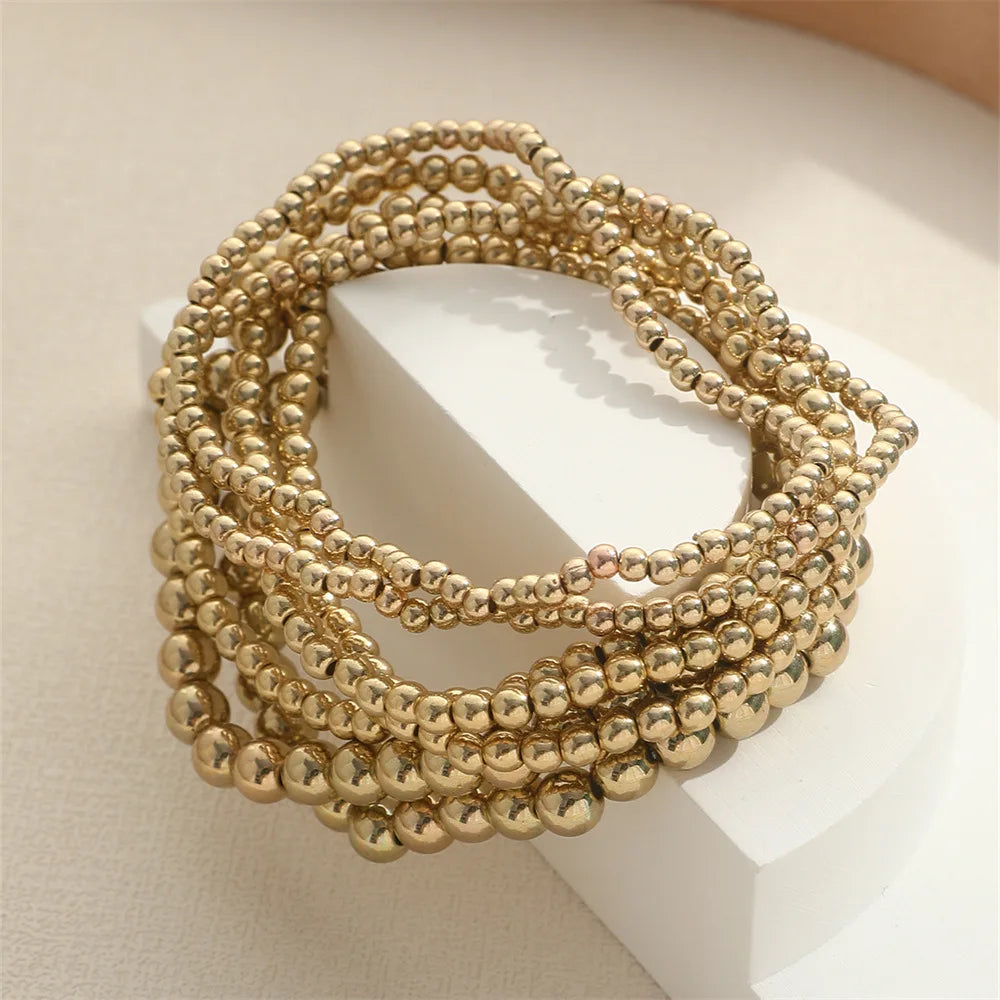 New Beaded Bracelets for Women Charm Link Chain Statement Bracelets Bangles Handmade Gold Color Beads Elastic Hand Jewelry