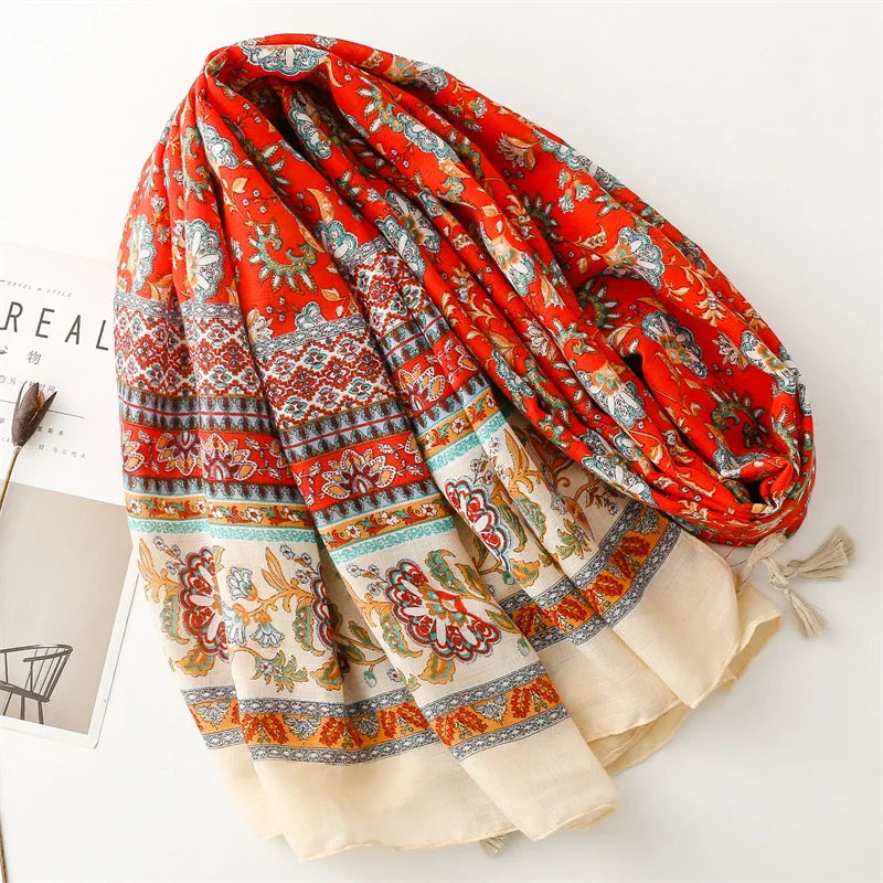 Travel Vacation Shawl Red Flower Retro Ethnic Style Scarf Cotton And Linen Clothing Accessories For Women