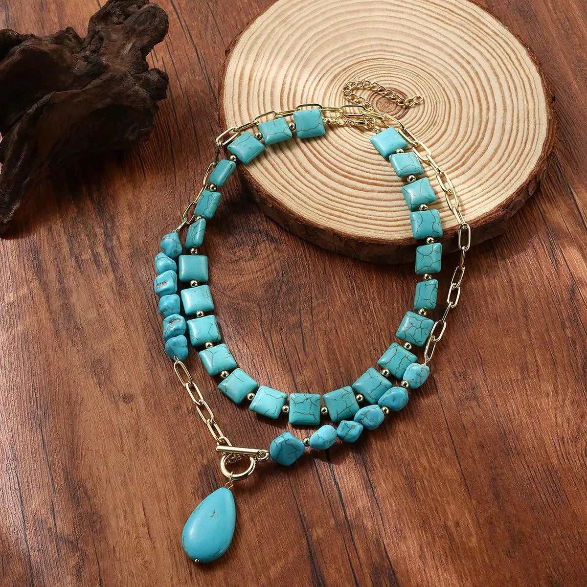 Available Necklace for Women Natural Turquoise Beaded Jewelry Double Teardrop Pendant Turquoise Beautiful Elegant Necklace