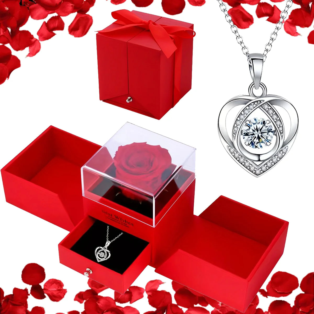 Women's Double Heart Necklace in Rose Gift Box - Elegant I Love You Jewelry Gift Suitable for Mother, Wife, Girlfriend 