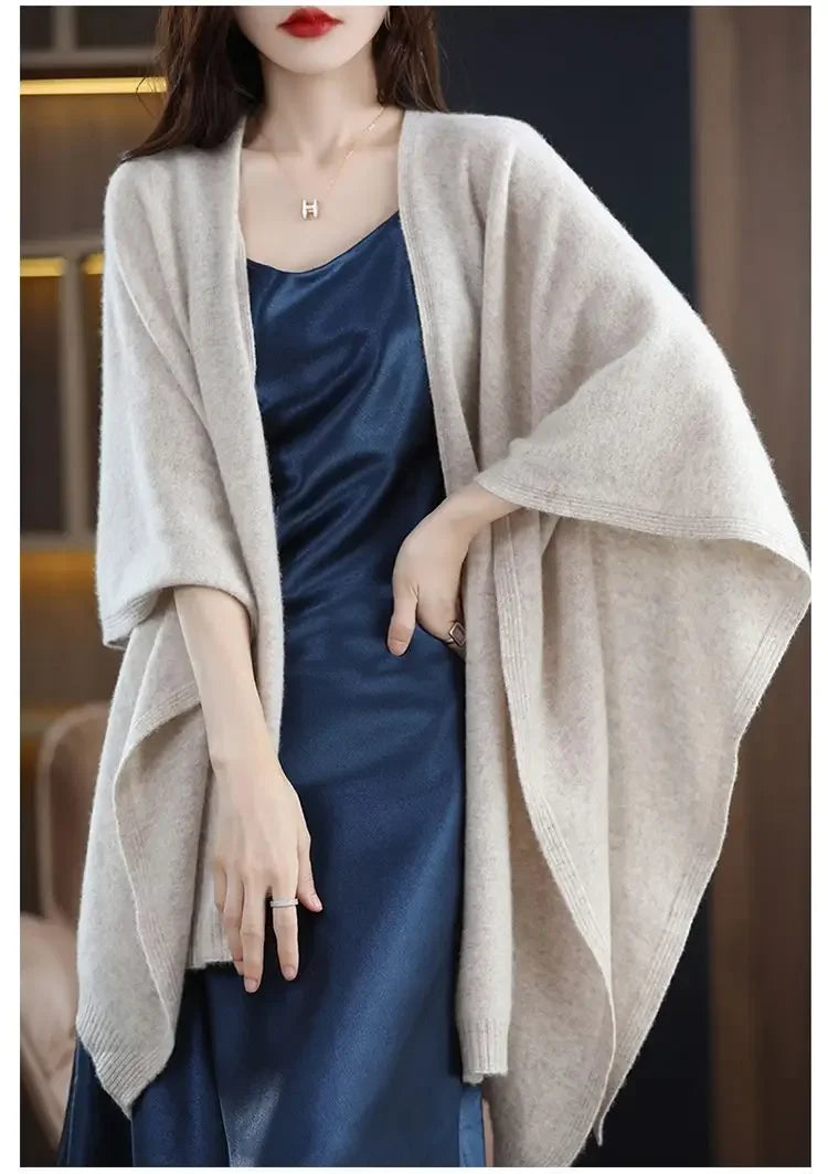 Shawl Cape Sweater Cardigan Women's 2024 Spring and Autumn New Style Outerwear Loose Knit Sweater Jacket Medium Long Style