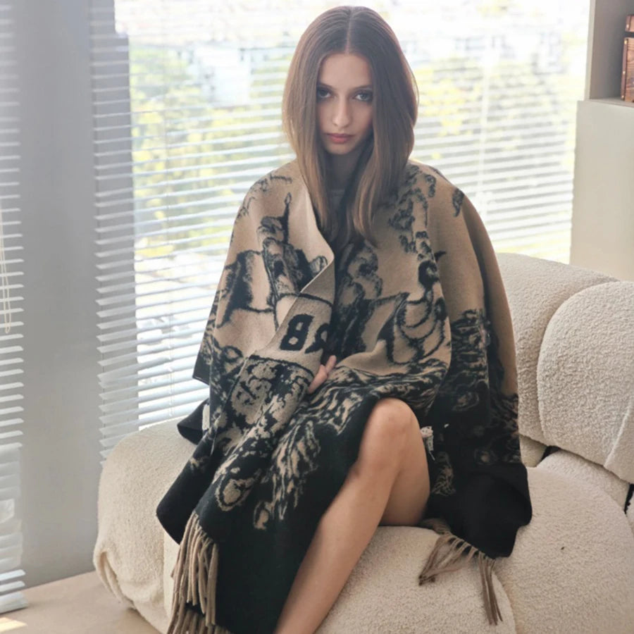 Women's Shawl Vintage Pattern (Beige/Black) Fringe Decor Soft Warm for Autumn Winter Daily Home Casual Fashion Accessory