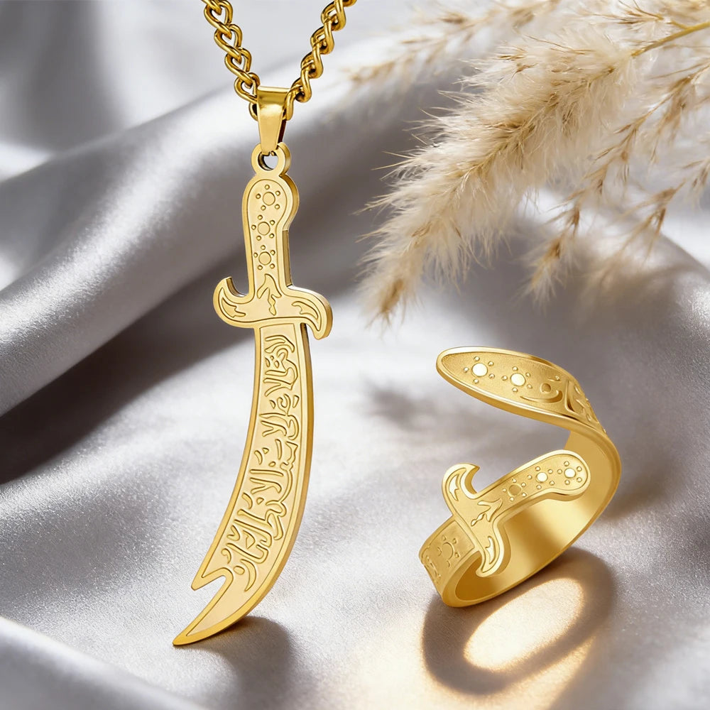 Dawapara Imam Ali Zulfiqar Sword Jewelry Set Arabic Necklace Ring Islamic Muslim Jewelry Stainless Steel  Religious Gift