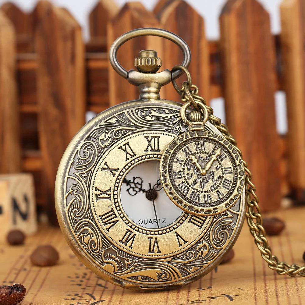 Charm Bronze Quartz Necklace Watch Men Women Roman Numerals Pendant Accessory Vintage Fashion Antique Pocket Clock Gifts