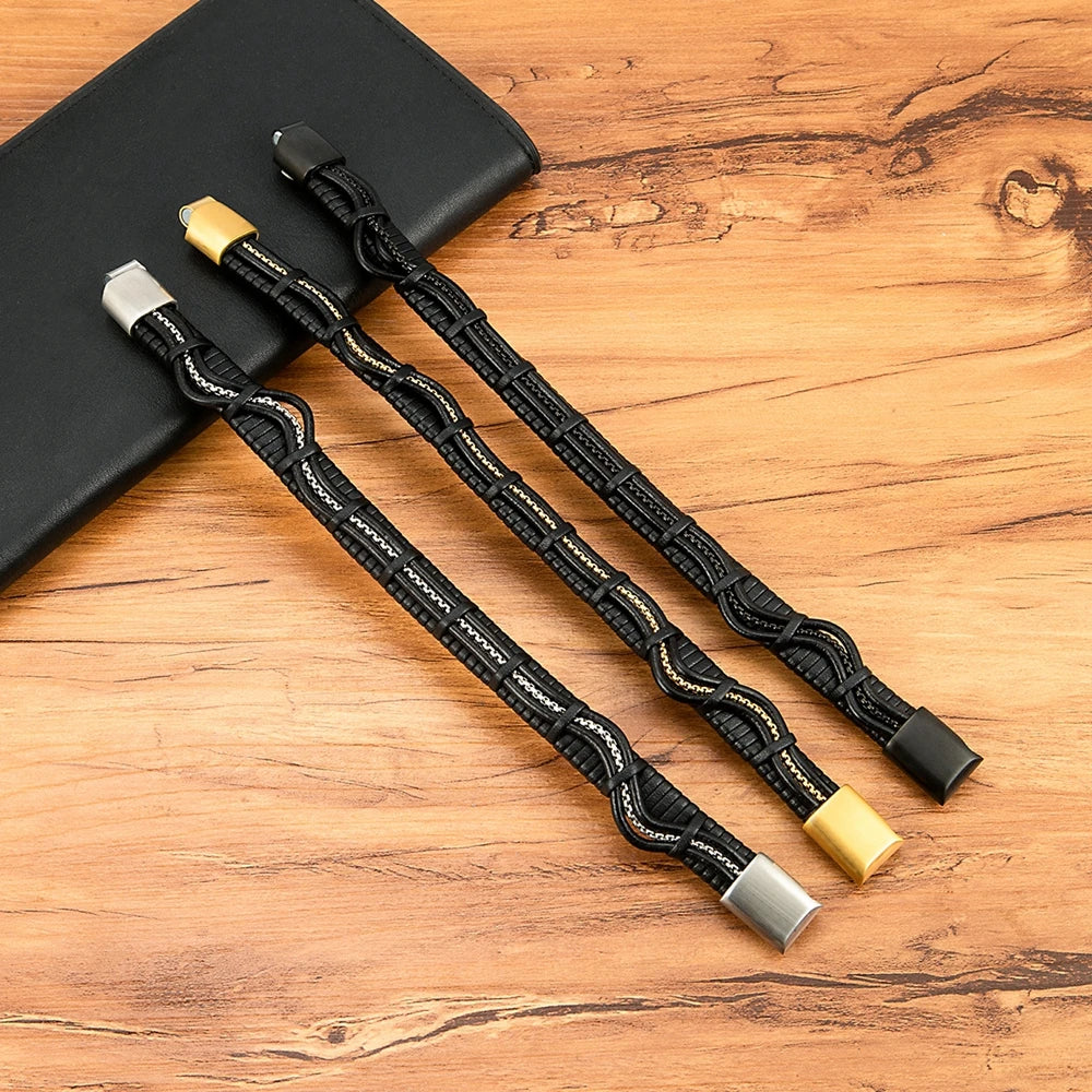 XQNI Stainless Steel Leather Bracelet For Mens Chain Charm Jewelry Magnetic Clasp Bangle for Dad Boyfriend Lover Birthday Gifts