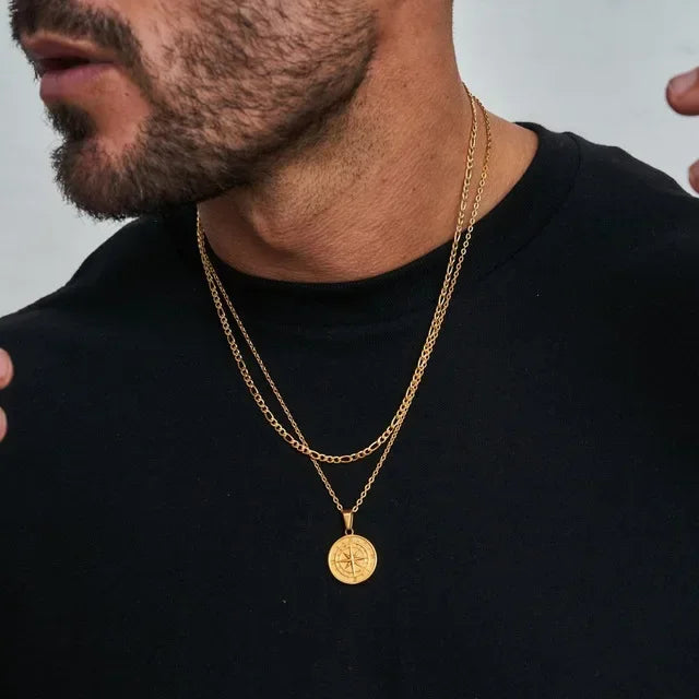 Layered Necklaces for Men Sailing Travel Compass Pendant Stainless Steel Cuban Figaro Wheat Chain Casual Retro Collar