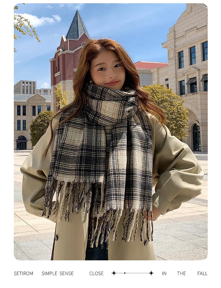 Women's Fashion Scarf New Sweet Style Sacrf Autumn Winter Checkered Scarf New Versatile Warm Couple's Scarf Shawl Korean Style