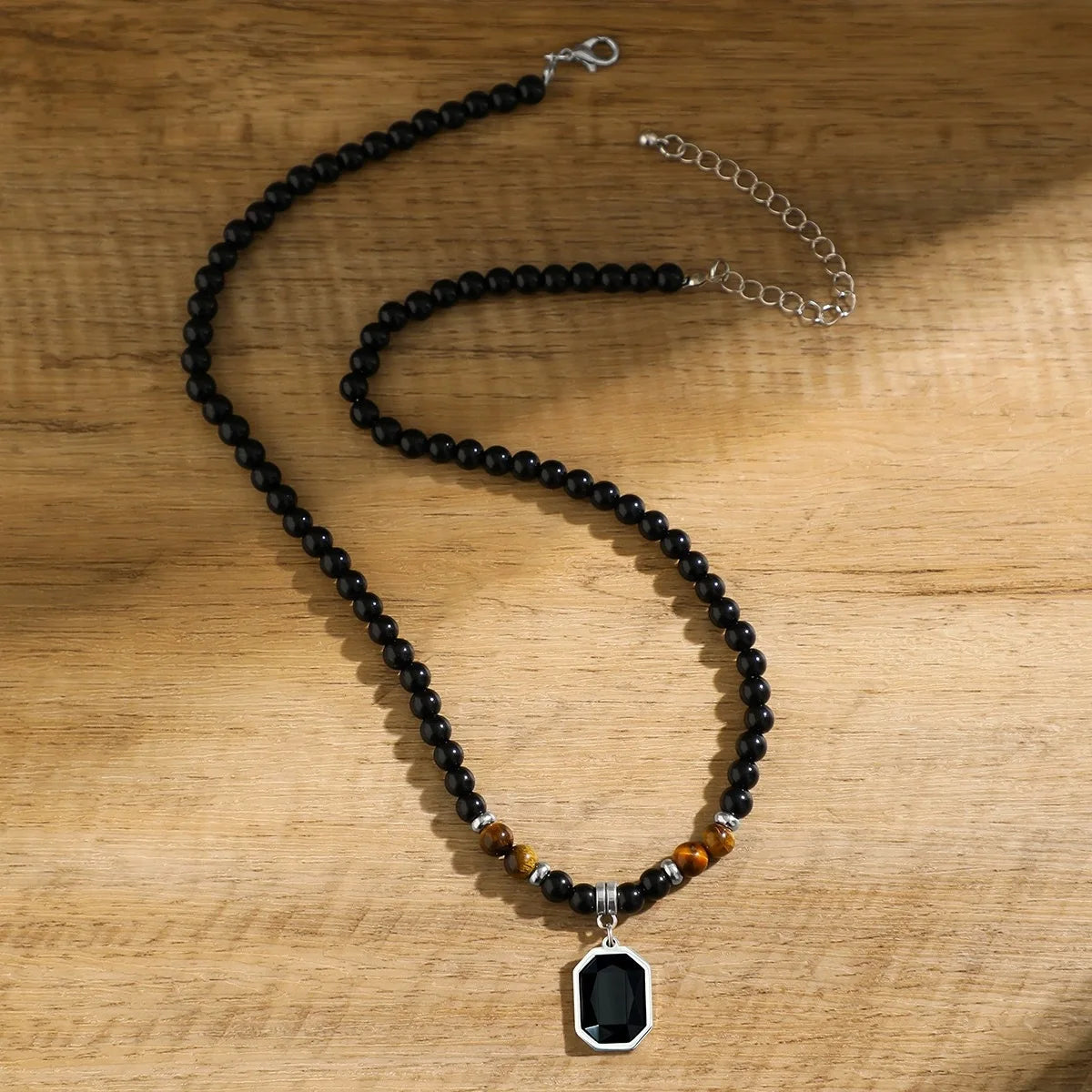 Black Beads with Square Pendant Necklace for Men Trendy Accessories on The Neck Collar 2025 Fashion Jewelry Male Decoration
