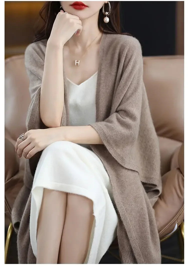 Shawl Cape Sweater Cardigan Women's 2024 Spring and Autumn New Style Outerwear Loose Knit Sweater Jacket Medium Long Style