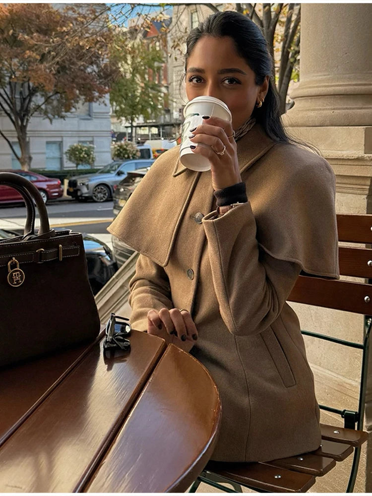 Zaza Chic Shawl Woolen Jacket For Women Long Sleeve Single Breasted Lapel Cape Coat 2025 New Lady Autumn Winter Outwears