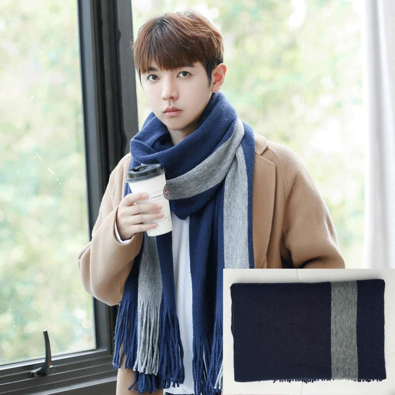 Simple Men's Scarf Autumn and Winter Warm Thickened Woolen Scarf Fashionable Versatile Neck Warm Neckerchief Striped Color Block