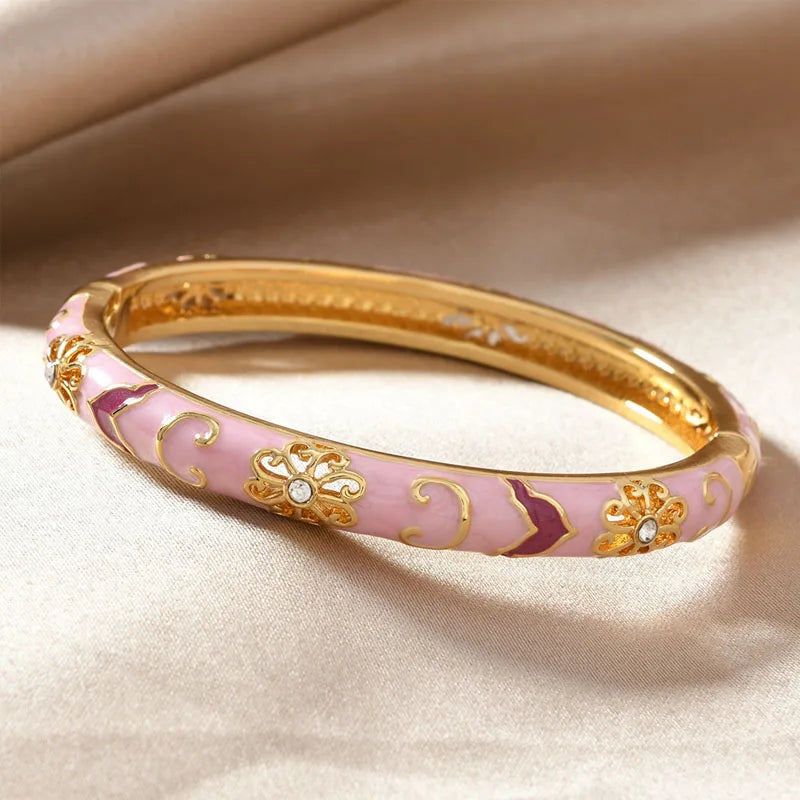 Bracelets for Women Enamel Flowers Inlaid with Zircon Metal Girls Retro Gold Chinese Viking Cuff Bracelet Jewelry Party Gift