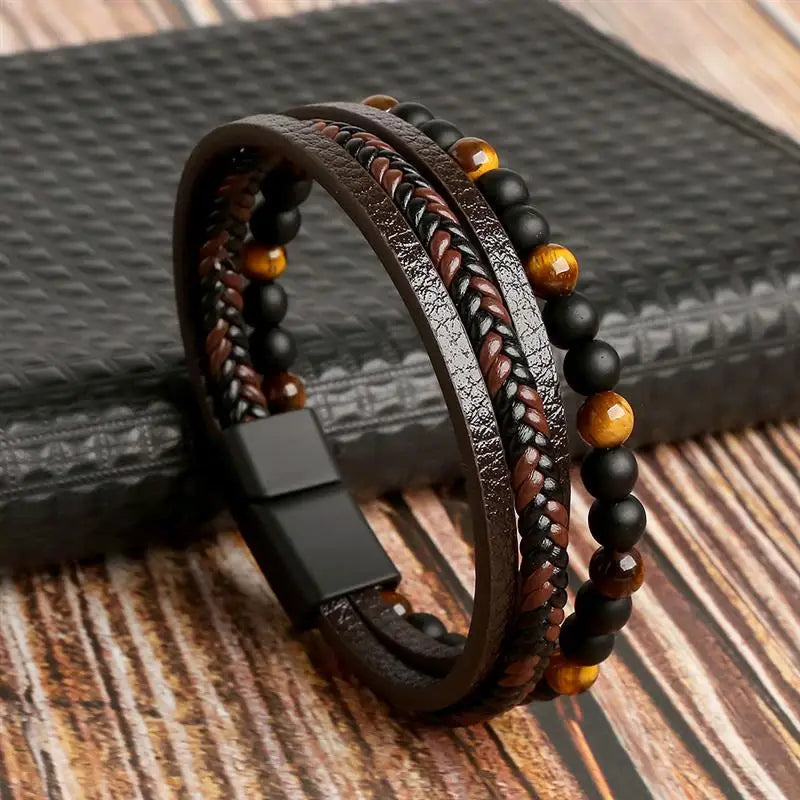 Classic Hand-Woven Leather Bracelet 19/21/23cm Multilayer Leather Men Bracelets Punk Bangle for Friend Charm Jewelry Gifts