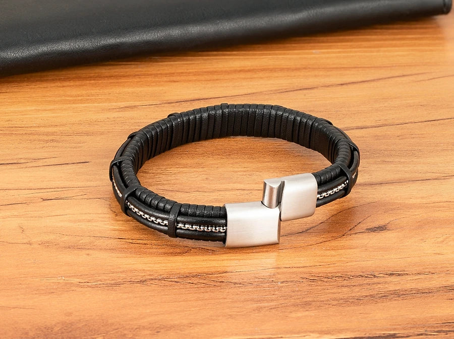 XQNI Stainless Steel Leather Bracelet For Mens Chain Charm Jewelry Magnetic Clasp Bangle for Dad Boyfriend Lover Birthday Gifts