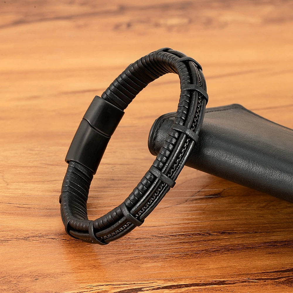 XQNI Stainless Steel Leather Bracelet For Mens Chain Charm Jewelry Magnetic Clasp Bangle for Dad Boyfriend Lover Birthday Gifts