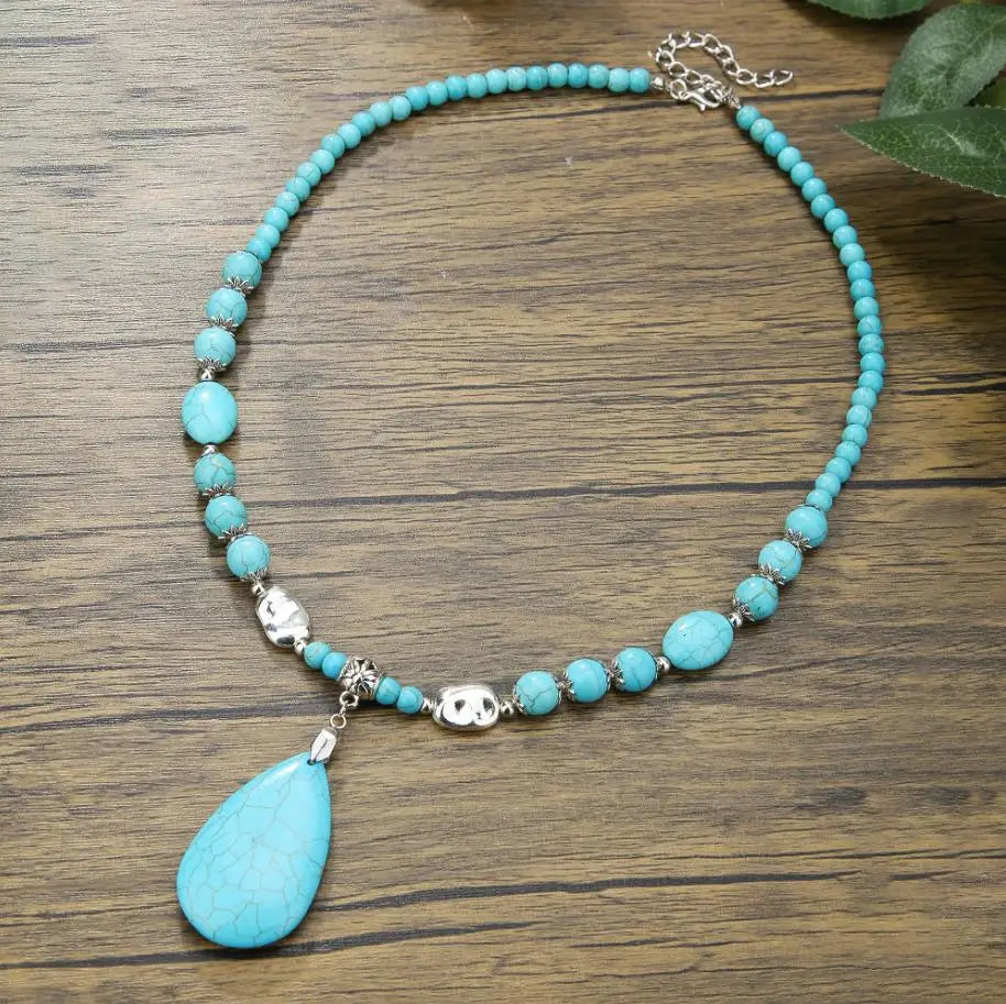 Available Necklace for Women Natural Turquoise Beaded Jewelry Double Teardrop Pendant Turquoise Beautiful Elegant Necklace