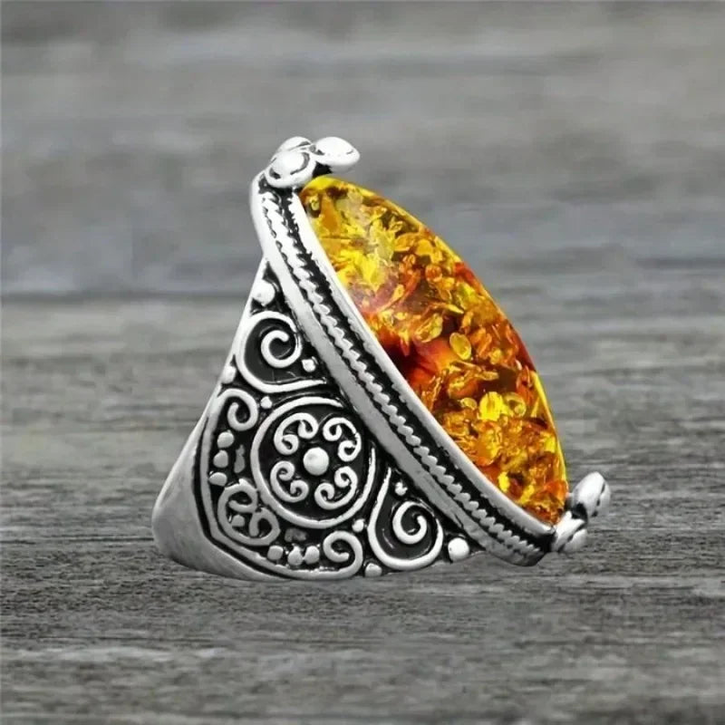 European and American Creative Retro Imitation Amber Ring Bohemian Ethnic Style Ancient Silver Carved Men's Ring