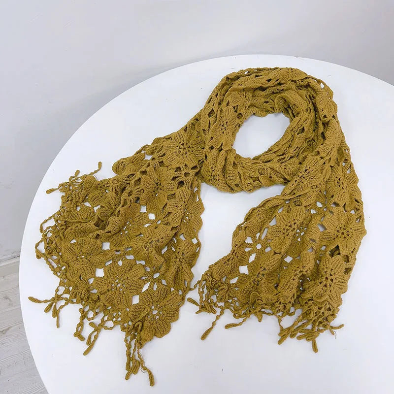 Lace Crocheted Knitted Shawl Women Fashion Ivory Solid Cotton Lace Scarf 40*190cm