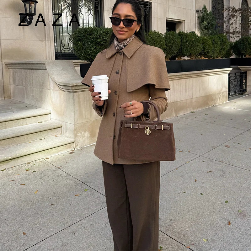 Zaza Chic Shawl Woolen Jacket For Women Long Sleeve Single Breasted Lapel Cape Coat 2025 New Lady Autumn Winter Outwears