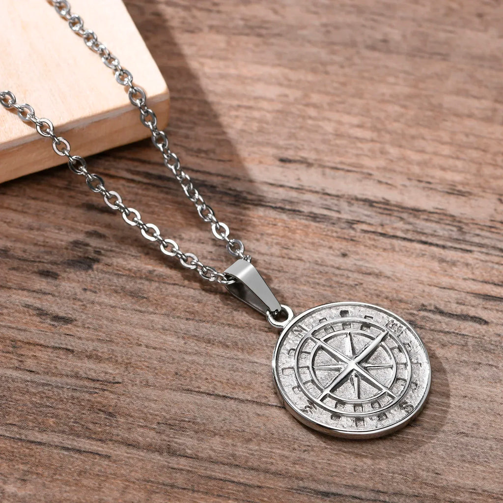 Layered Necklaces for Men Sailing Travel Compass Pendant Stainless Steel Cuban Figaro Wheat Chain Casual Retro Collar