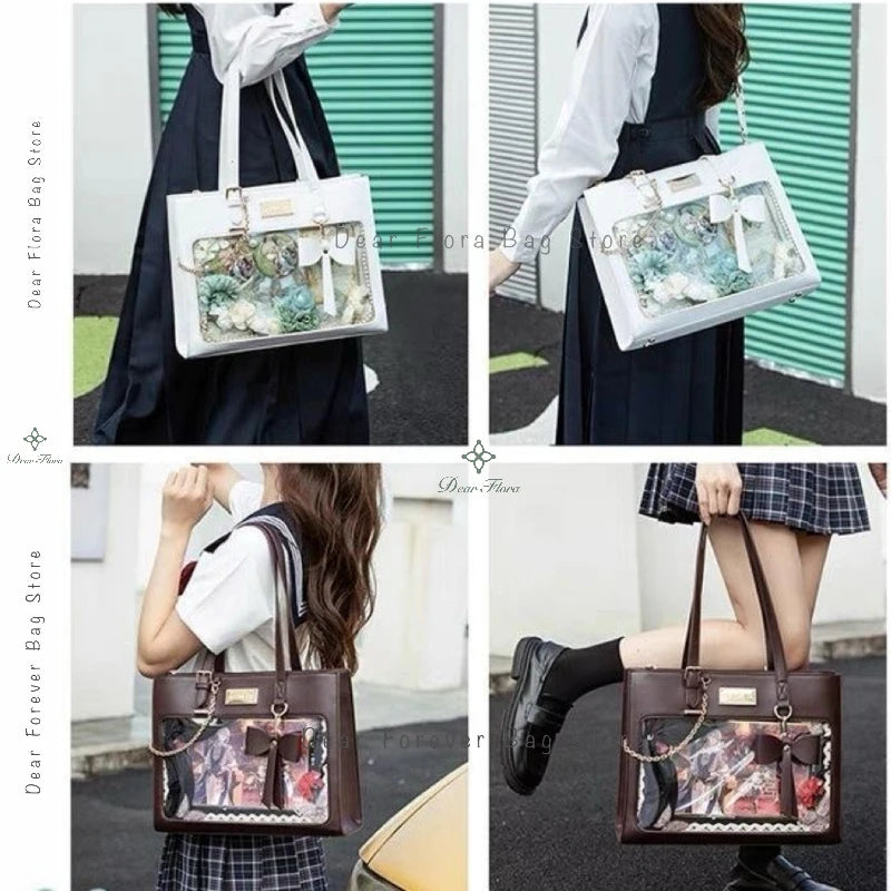 Women's Fashion Bow Ita Bag Fashion Tote Bag Sweet Girl Transparent Crossbody Bag Lolita Shoulder Bag DIY Display Badge Handbags