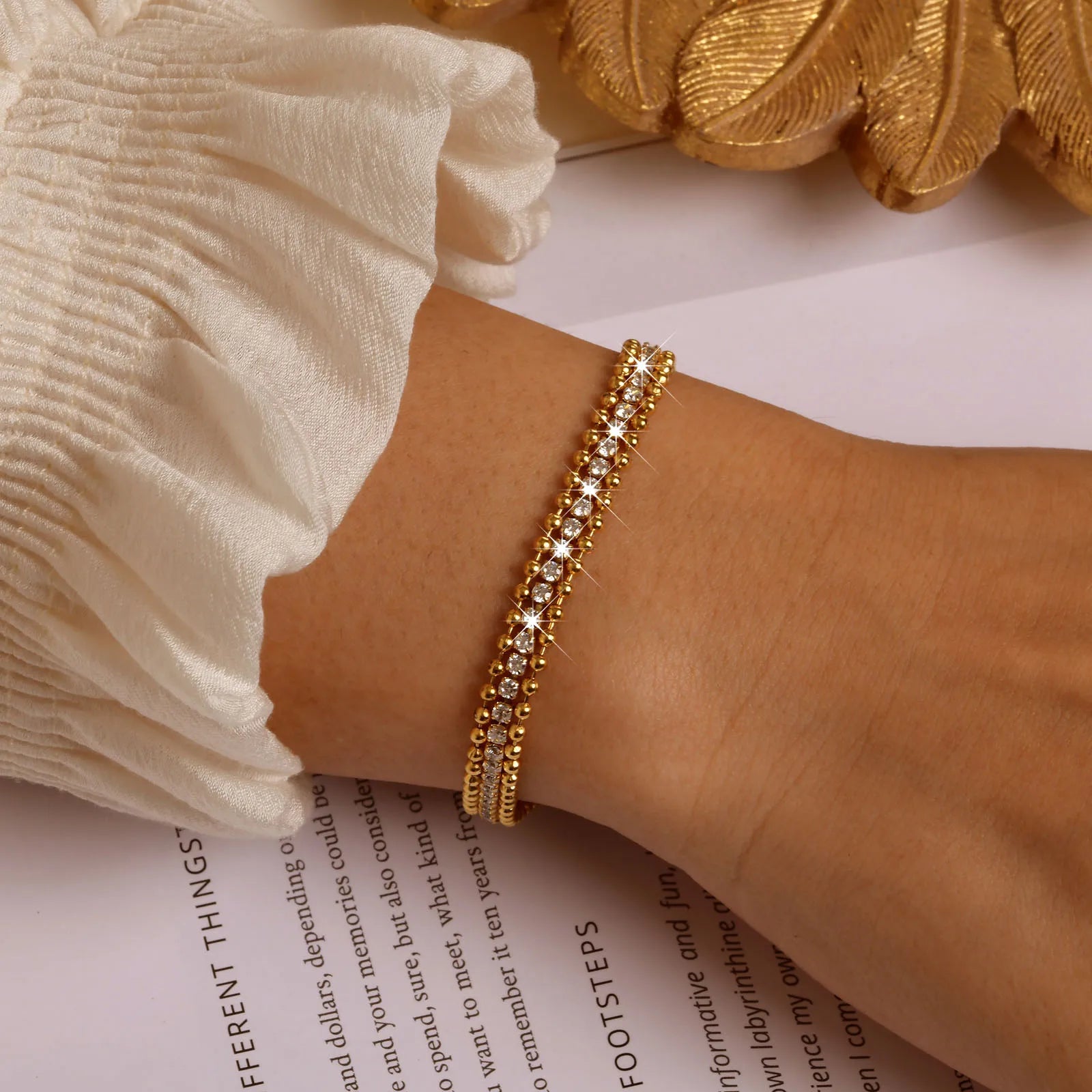 Tennis Bracelet for Women, Cubic Zirconia Chain Bracelet Adjustable,Stainless Steel Wave Bead Chain Three-layer Bracelet Jewelry