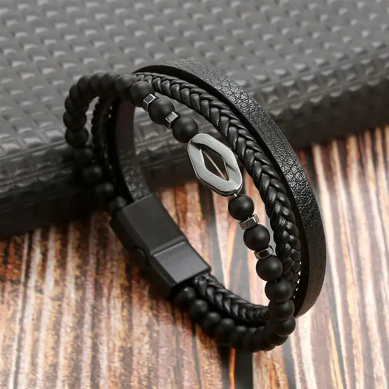 Classic Hand-Woven Leather Bracelet 19/21/23cm Multilayer Leather Men Bracelets Punk Bangle for Friend Charm Jewelry Gifts
