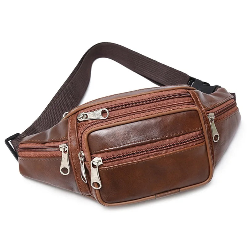 Fashion Men Leather Fanny Bag for Phone Pouch Male Leather Messenger Bags Brand Fanny Pack Male Travel Waist Bag