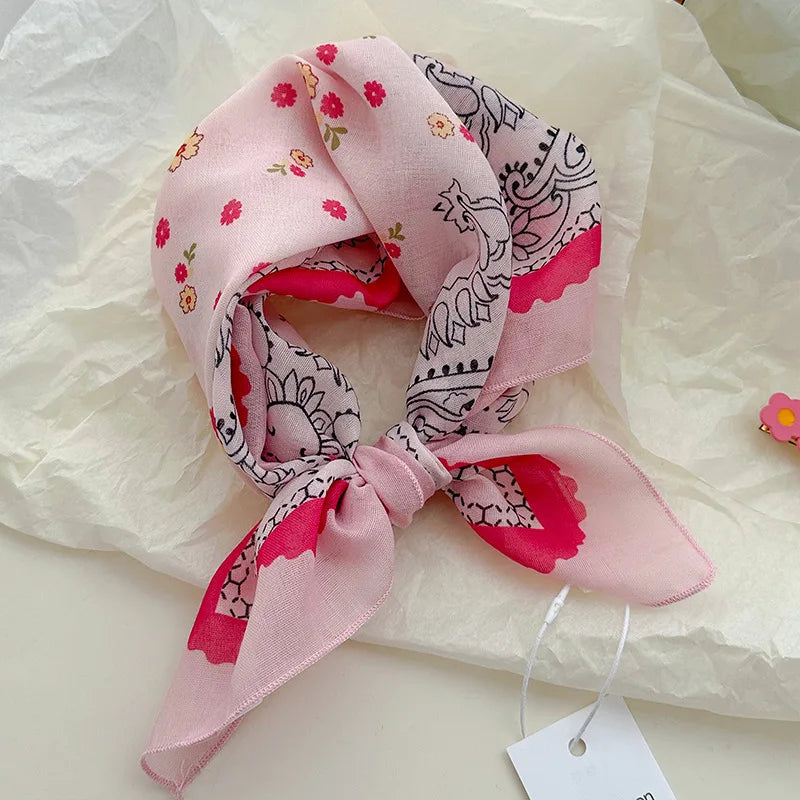 Women's Silk Scarf Fresh Breathable Soft Artistic Decorative Small Silk Scarf Retro Versatile Floral Cotton Linen Square Scarf