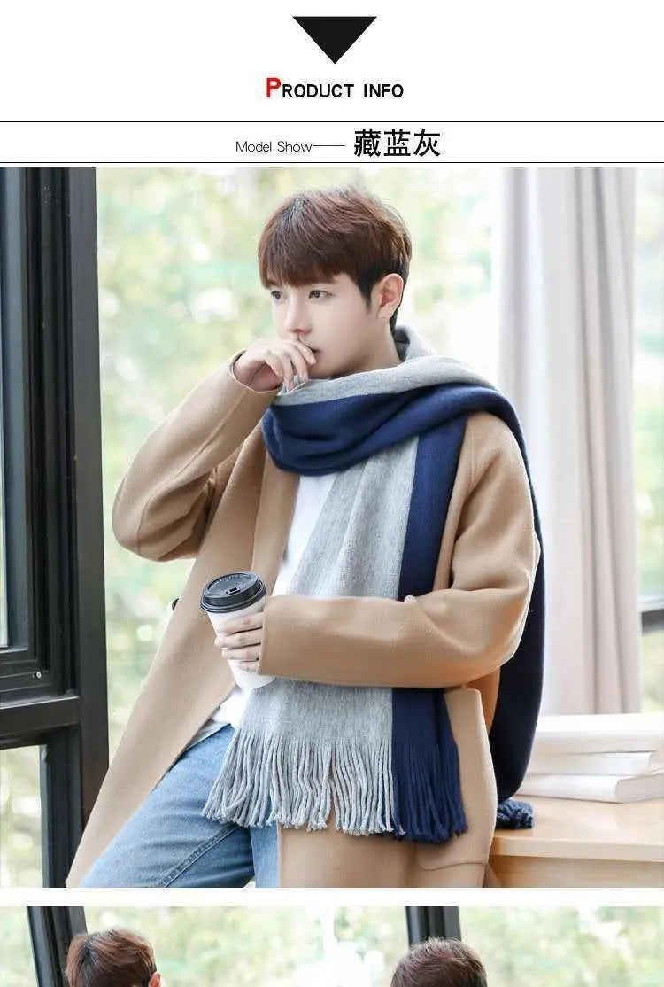 Fashion Classic Men Scarf Korean Version Warm Knitted Thick Thermal Simple Solid Muffler Winter Long Soft Windproof Scarves Male