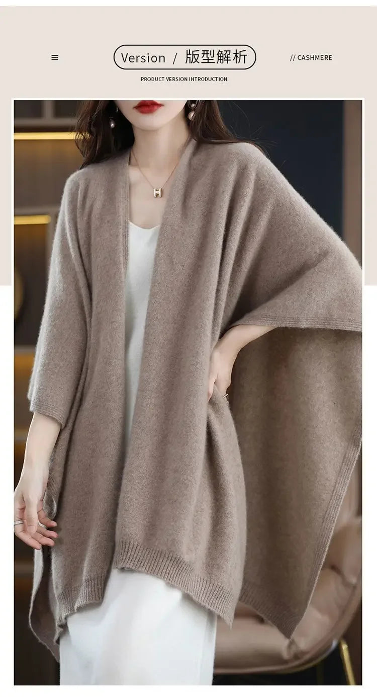 Shawl Cape Sweater Cardigan Women's 2024 Spring and Autumn New Style Outerwear Loose Knit Sweater Jacket Medium Long Style
