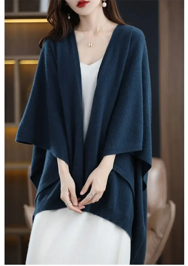Shawl Cape Sweater Cardigan Women's 2024 Spring and Autumn New Style Outerwear Loose Knit Sweater Jacket Medium Long Style