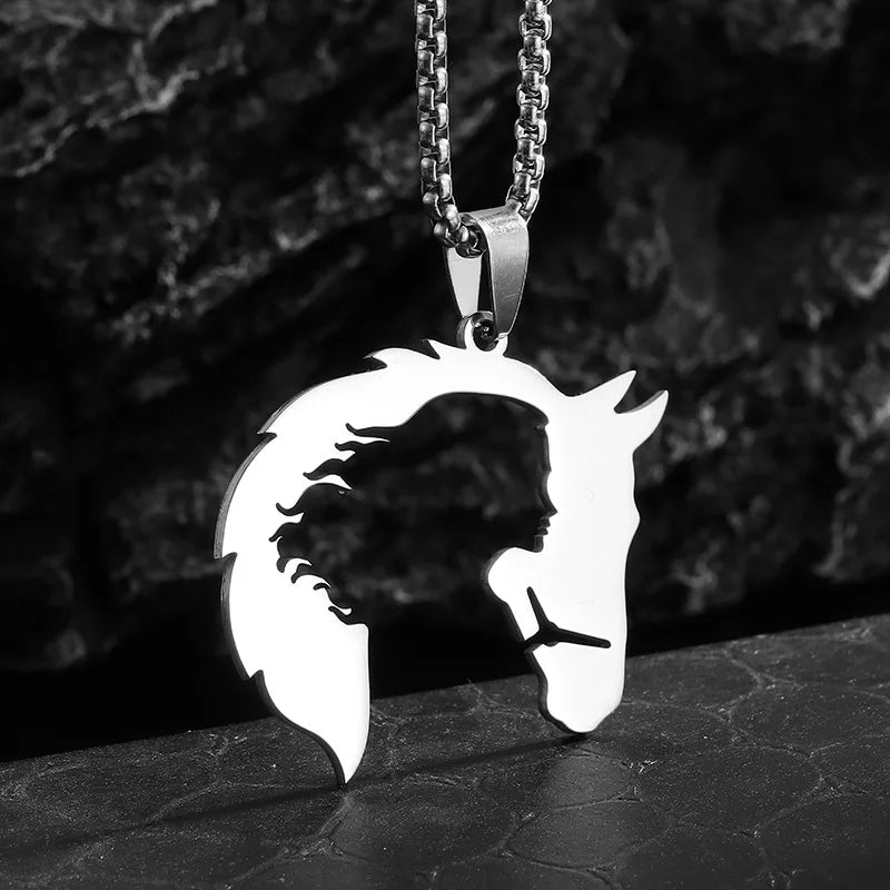 men's Necklace Hollowed Out Horsehead And Girl Pendant hip-hop Silver Color Stainless Steel Chain Personality Rock Jewelry Gifts