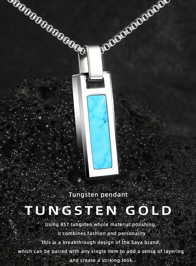Necklace for Men Natural Turquoise Pendant High end Trendy Brand Tungsten Black Agate Fashion Versatile，Engraving