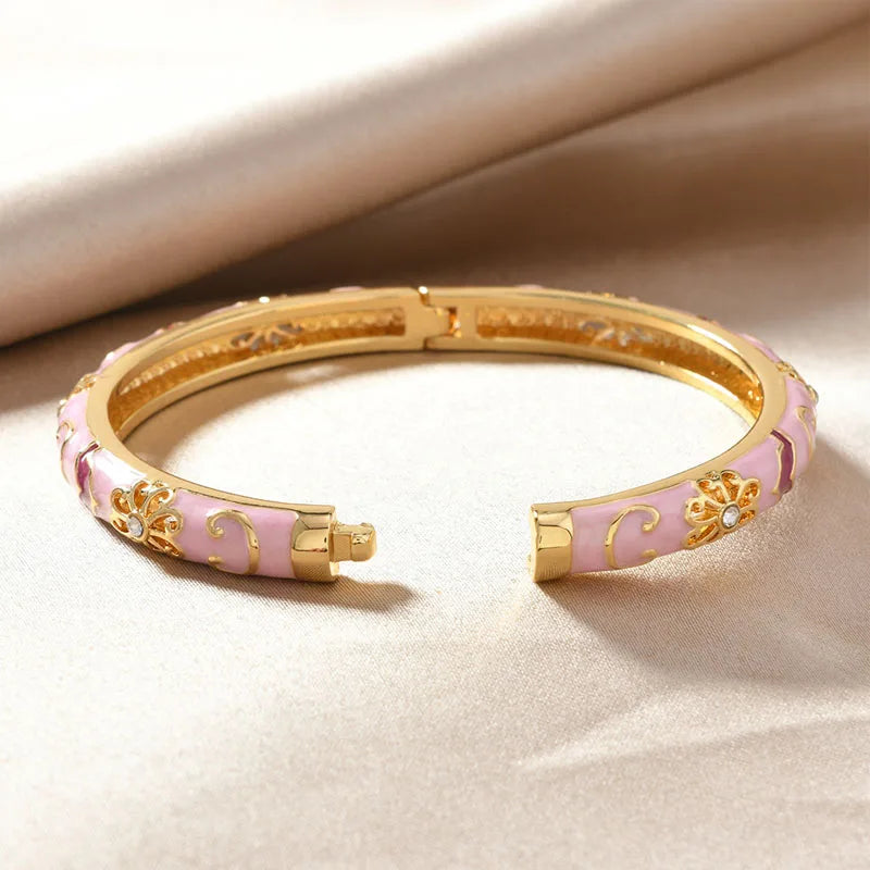Bracelets for Women Enamel Flowers Inlaid with Zircon Metal Girls Retro Gold Chinese Viking Cuff Bracelet Jewelry Party Gift