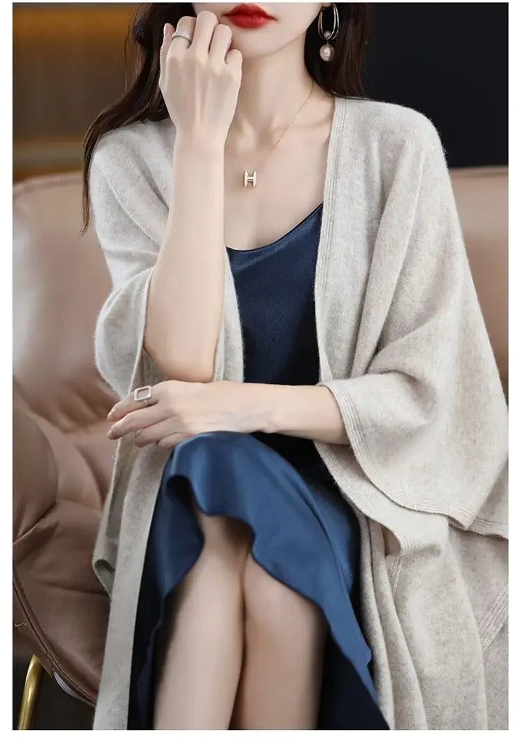 Shawl Cape Sweater Cardigan Women's 2024 Spring and Autumn New Style Outerwear Loose Knit Sweater Jacket Medium Long Style