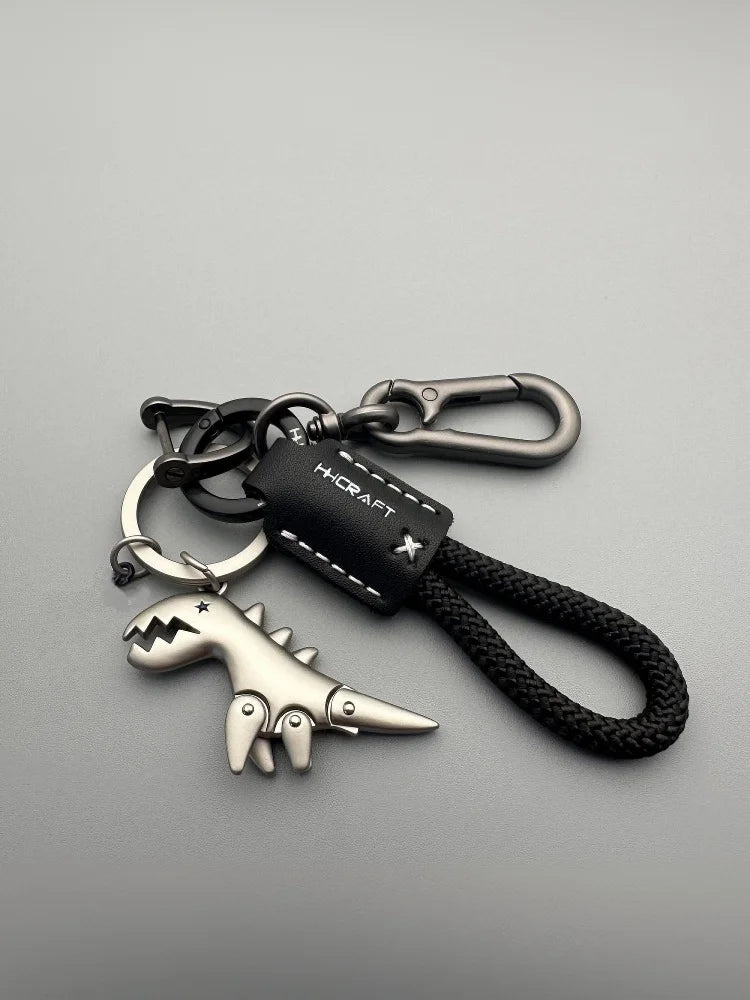 Motorcycle Decoration Accessories Little Dinosaur Car Keychain Single Leather Woven Rope Metal Keychain Handbag Pendant
