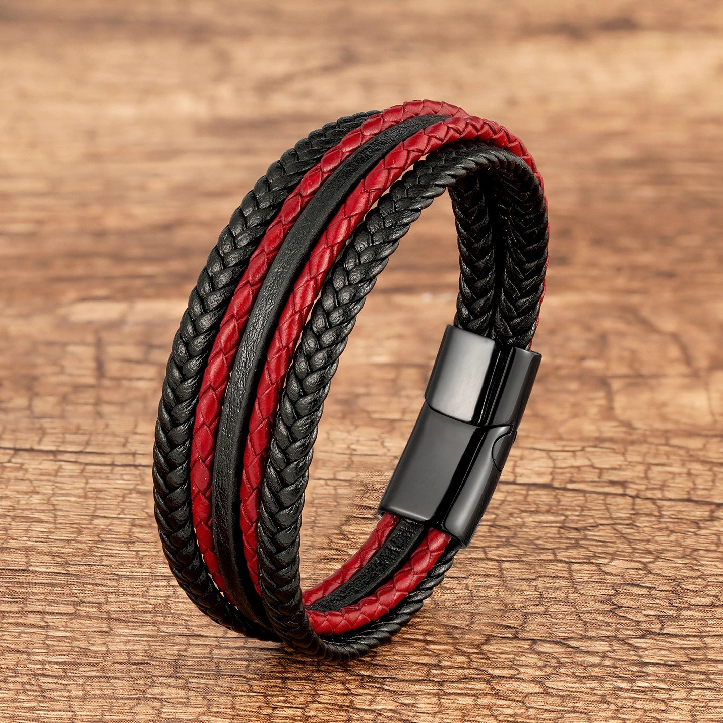 Classic Multilayer Weave Rope Men's Wrap Bracelet Vintage Black Red Genuine Leather Bracelet On Hand Male Wristband Jewelry