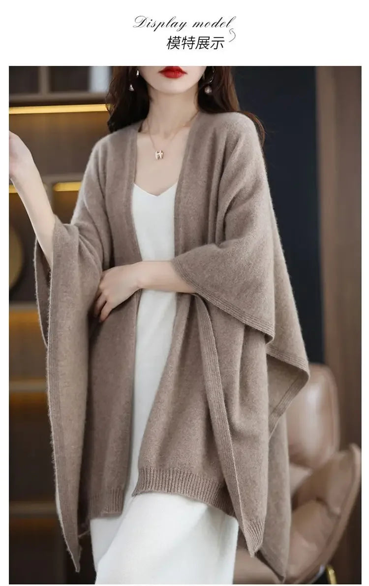 Shawl Cape Sweater Cardigan Women's 2024 Spring and Autumn New Style Outerwear Loose Knit Sweater Jacket Medium Long Style