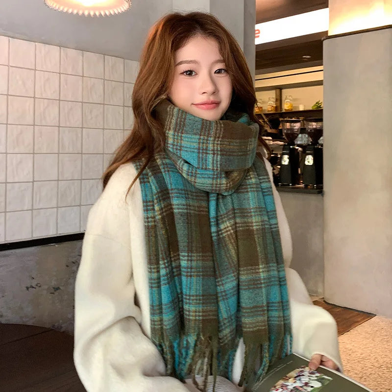 Women's Fashion Scarf New Sweet Style Sacrf Autumn Winter Checkered Scarf New Versatile Warm Couple's Scarf Shawl Korean Style