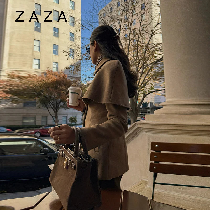 Zaza Chic Shawl Woolen Jacket For Women Long Sleeve Single Breasted Lapel Cape Coat 2025 New Lady Autumn Winter Outwears