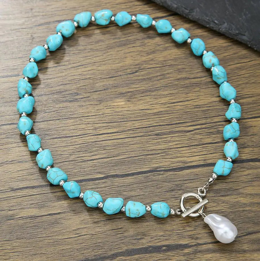 Available Necklace for Women Natural Turquoise Beaded Jewelry Double Teardrop Pendant Turquoise Beautiful Elegant Necklace