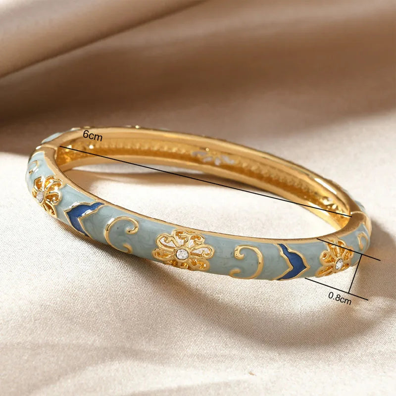 Bracelets for Women Enamel Flowers Inlaid with Zircon Metal Girls Retro Gold Chinese Viking Cuff Bracelet Jewelry Party Gift