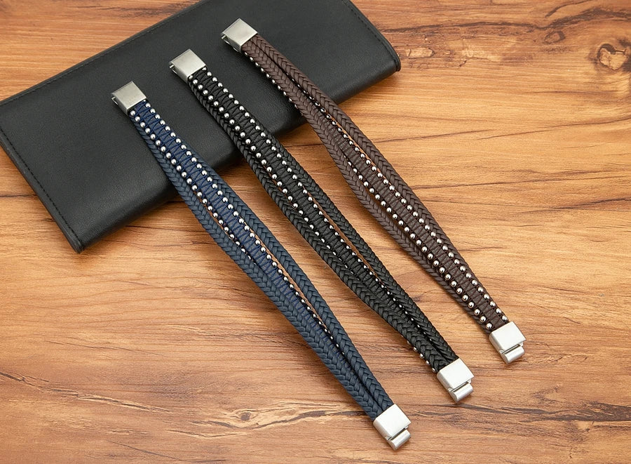 XQNI Stainless Steel Leather Bracelet For Mens Chain Charm Jewelry Magnetic Clasp Bangle for Dad Boyfriend Lover Birthday Gifts