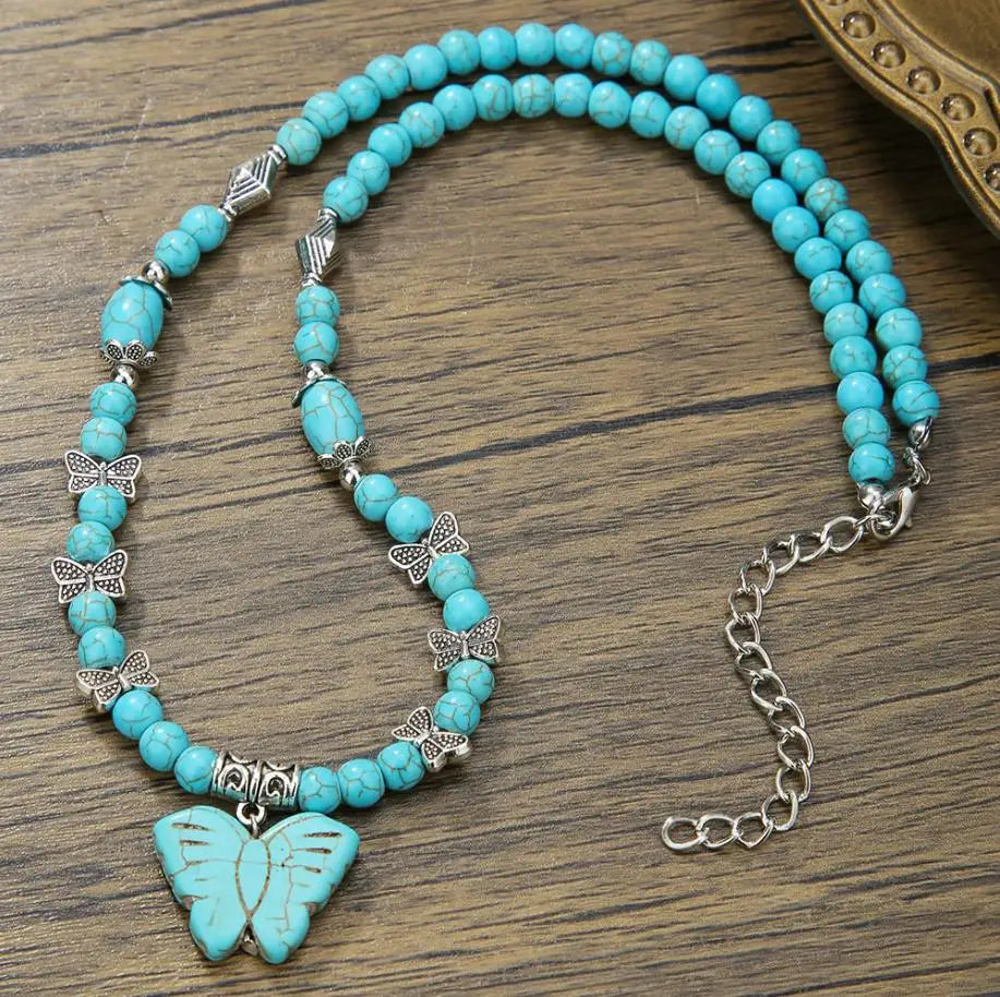 Available Necklace for Women Natural Turquoise Beaded Jewelry Double Teardrop Pendant Turquoise Beautiful Elegant Necklace