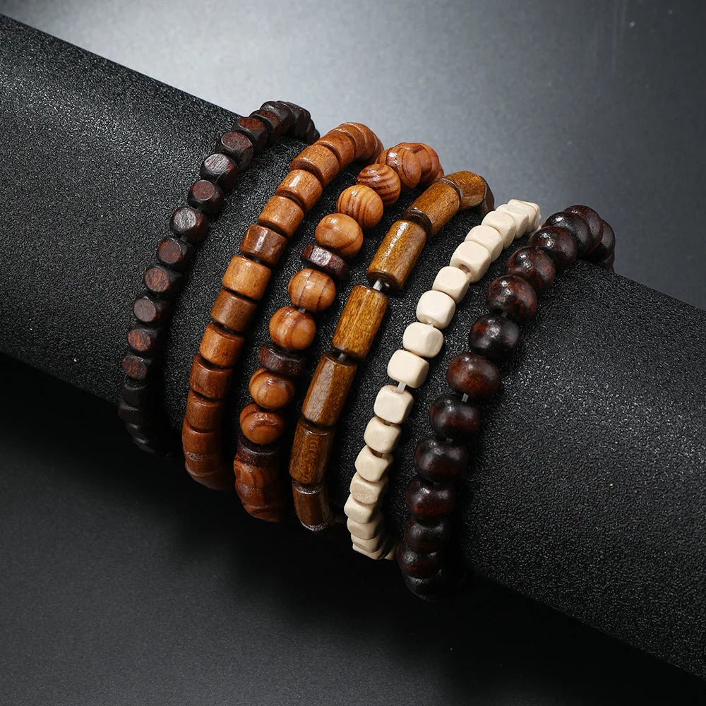 Men Retro Folk Style Jewelry Design Diverse Multi-color Multi-layer Suit Wooden Beads Elastic Bracelet  Jewelry For Men
